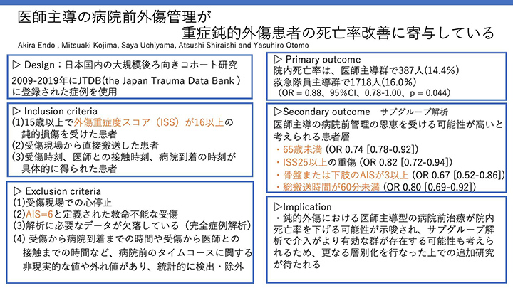 医師主導の病院前外傷管理が重症鈍的外傷患者の死亡率改善に寄与して